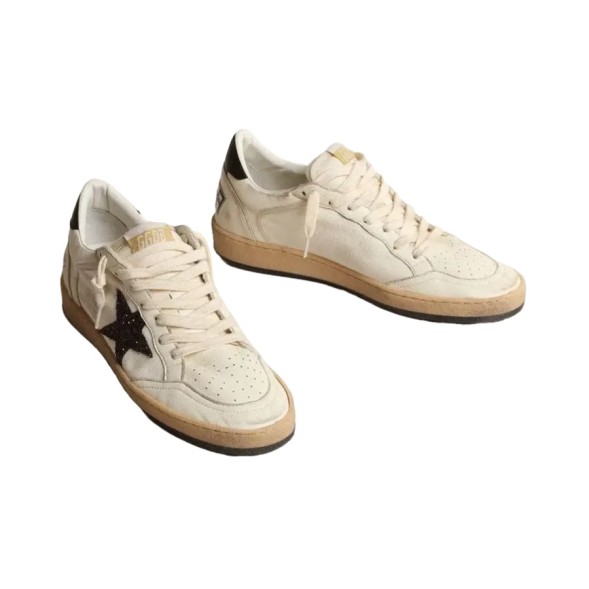 Женские кеды Golden Goose Ball Star Chicory-Coffee Glitter Star and Black Leather Heel Tab
