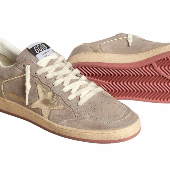 Женские кеды Golden Goose Ball Star Beige Suede with Gold metallic leather star and Bead lettering